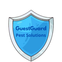 A light blue shield with dark blue words. "GuestGuard Pest Solutions" The shield represents the ongoing care that the company practices to protect hotels, nursing homes, apartments, and other commercial hospitality focused businesses in the Downtown St. Louis area